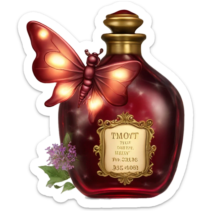 Dark red magic fairy light sparkling old Antique oil perfume bottle with herbal and flowers sticker