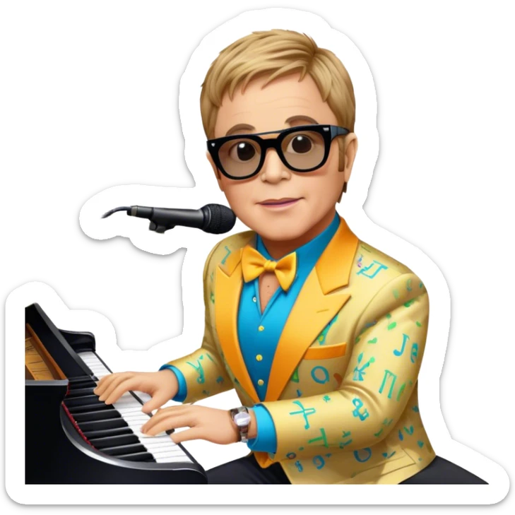 Pop music icon: Elton John at the piano in signature glasses and colorful outfit, George Michael holding a microphone in stylish attire. Stage lights and musical notes in the background. Transparent background. sticker