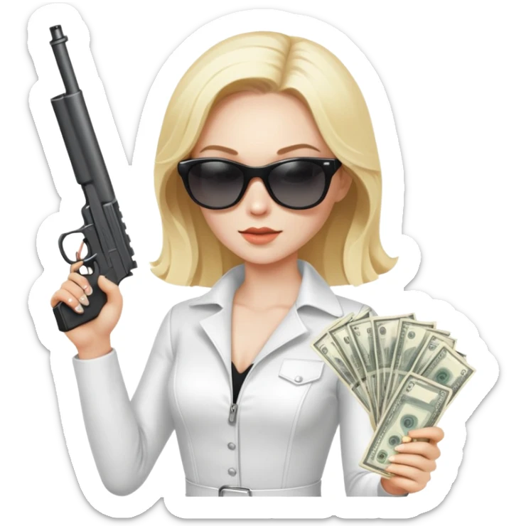 Mafia blondes woman in sunglasses, gun ,money , white costume  sticker