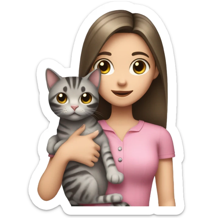 Brunette girl with straight hair in a pink blouse, holding a gray, striped, brown-eyed cat with a bow in her arms sticker