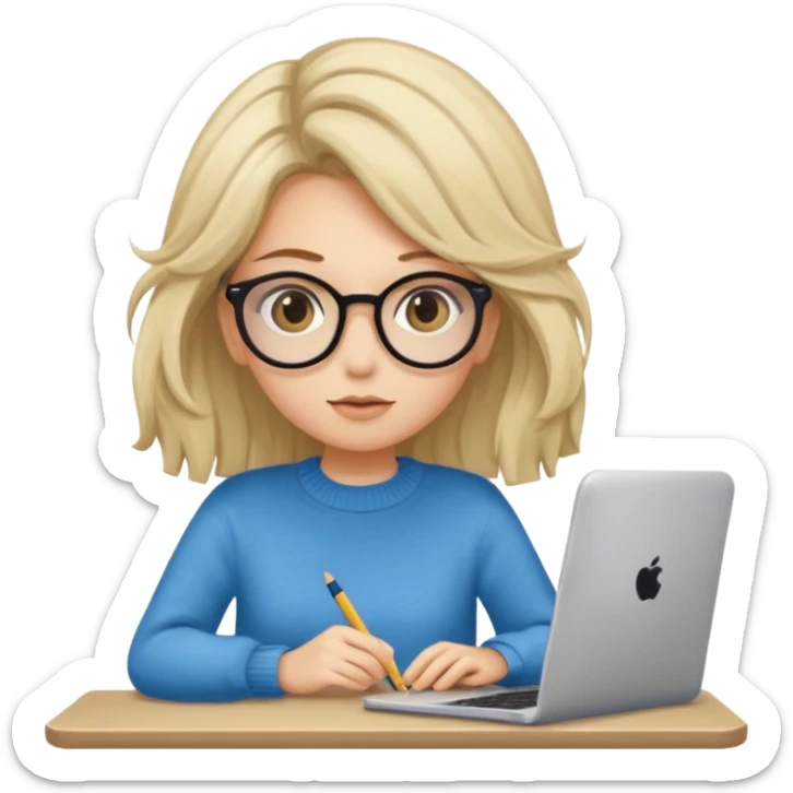 ragazza bionda con capelli molto lunghi, con occhiali tartarugati, occhi azzurri, con maglione beige, seduti alla scrivania che lavora al pc sticker