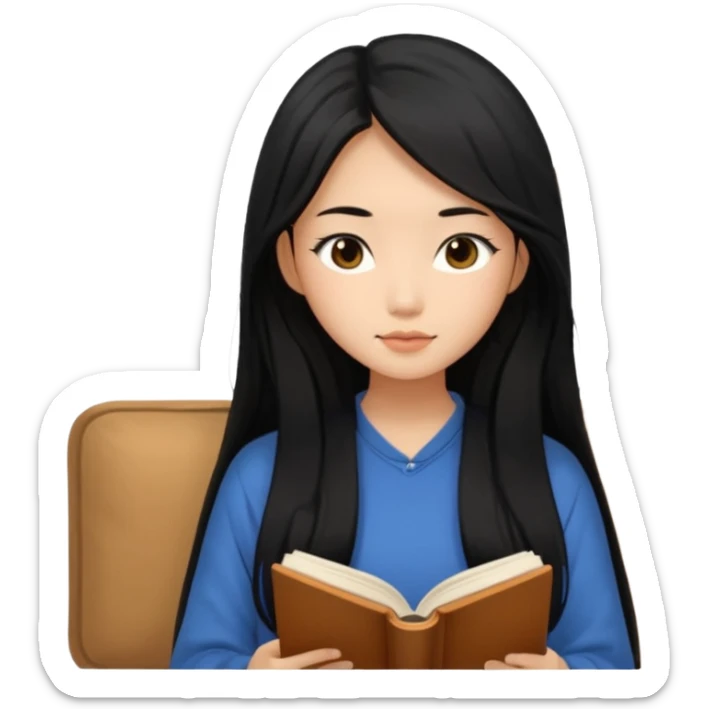 Beautiful Asian girl with long black hair reading book cozy aesthetic sticker