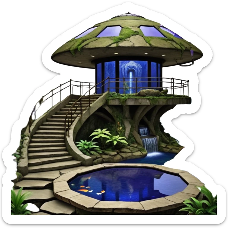 Alien saucer house jungle-vines precarious narrow stairway fountain koi pond mountain-island getaway nighttime landscape antique mudman very old broken cracked intricate Stone Age lapis-crusted irregular dodecagon-shaped shallow dark moss rough bark violet serissa flowered maple tree bonsai sticker