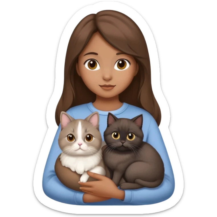 chinita girl with brown hair holding three pets: brown holland lop rabbit, gray persian cat, black kitten sticker