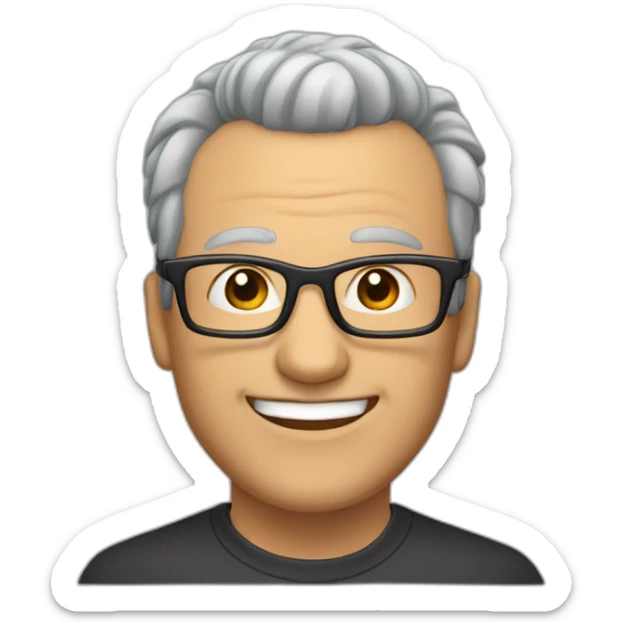 an man with grey hair and a receding hairline, and a tuft of hair on the top. He is wearing glasses, the glasses frames are black and he is smiling sticker