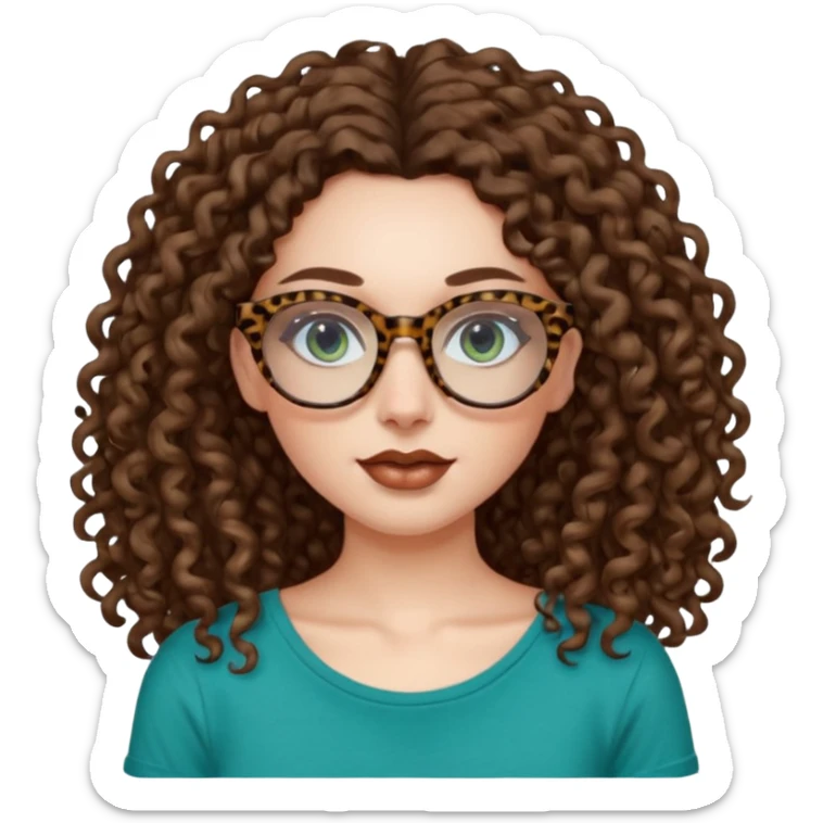 a blue green eyed woman with very very long brunette curly hair, full lips,and pale skin. She is wearing a leopard printed thin round-ish glasses . She is wearing a brown tshirt with a wide neck opening. sticker
