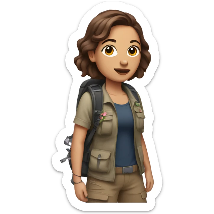 Woman with medium length brown hair and flower tattoo hiking sticker
