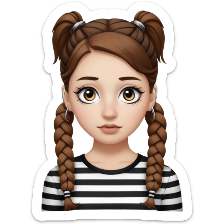 a white girl with brown hair in very low pigtails black eyeliner big false eyelashes with a septum piercing nose piercing big hoop earings dermals close to the eyes one on each side wearing a black and white striped long sleeve shirt sticker