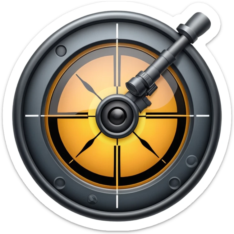 An icon showing a close-up view of a rifle's crosshair, symbolizing FPS games. The design features a detailed scope with a focus on the target, emphasizing precision and action. The background is minimal, highlighting the intensity of first-person shooters. Transparent background. sticker