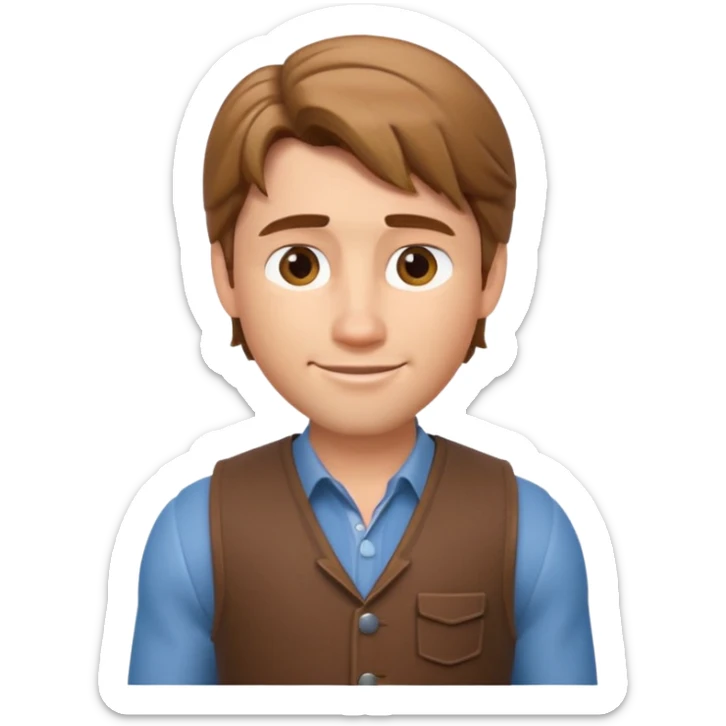 3D Apple-style emoji of Flynn Rider: fair skin, light brown hair, raised eyebrow, charming smile, playful confident look. sticker