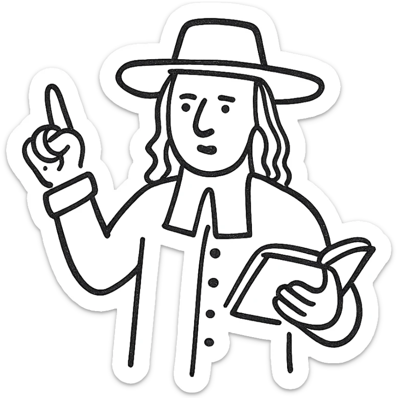 white line drawing of a 17th Century preacher, simple and clear lines, historical attire, no fill sticker