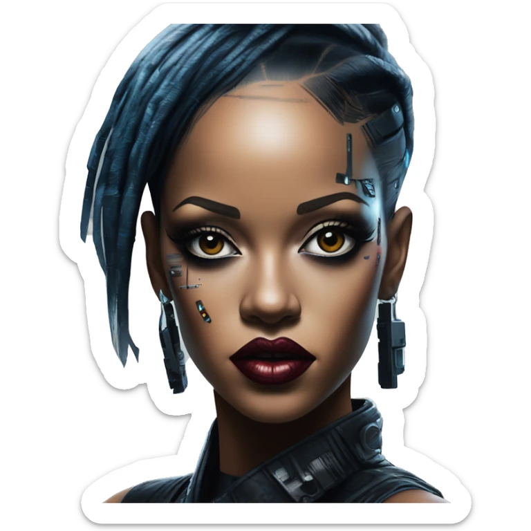 Cyberpunk Rihanna in bladerunner style, oil paint, epic eyes, intricate lips, exquisite pose, beautiful, desirable, logical sticker