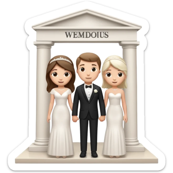 A 3D cartoon courthouse wedding venue with a bride and groom standing at the entrance, elegant white columns, soft natural lighting, simple modern decor, minimal background, realistic Memoji-style rendering. sticker
