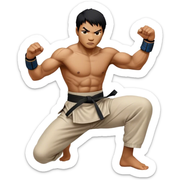 ​Cinematic Realistic Portrait of Tony Jaa, a close-up depiction capturing his intense, determined expression and finely detailed features, rendered with dramatic natural lighting that emphasizes his rugged athleticism and unmistakable martial arts presence, sticker