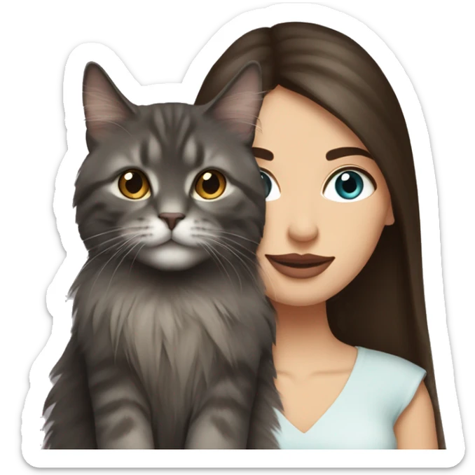 long straight haired blue eyed brunette woman holding norwegian forest cat with amber eyes sticker