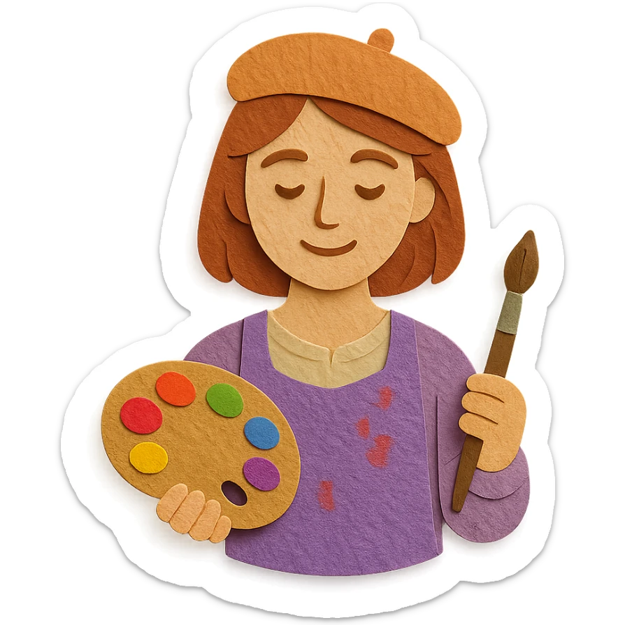 Serene female oil painter, Caucasian features, shoulder-length auburn hair, soft brown eyes, gentle smile, wearing a violet painter’s smock lightly stained with paint over a beige blouse, holding a wooden palette with vibrant colors in one hand and a brush in the other, waist-up, front-facing sticker