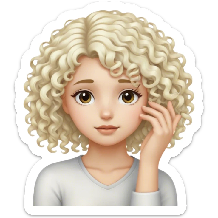 Girl with curly, wispy, platinum blonde hair, resting head on palm of her hand sticker