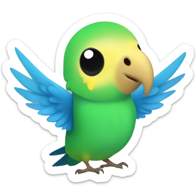 budgie with a green body and green and black wings and a yellow head with a blue nose sticker