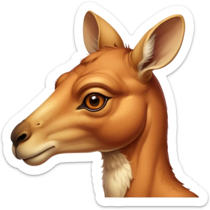Cinematic Noble Adult Red Kangaroo Portrait Emoji, Poised and regal, with a robust, muscular build, tawny reddish fur, and a distinctive camel-shaped head featuring a slightly elongated snout, prominent ears, and keen, observant eyes, Simplified yet sharp and sophisticated features, highly detailed, glowing with a warm, sunlit glow, high shine, intelligent and commanding, stylized with an air of outback authority, focused and vigilant, soft glowing outline, capturing the essence of a watchful guardian that seems ready to bound out of the screen with effortless power! sticker