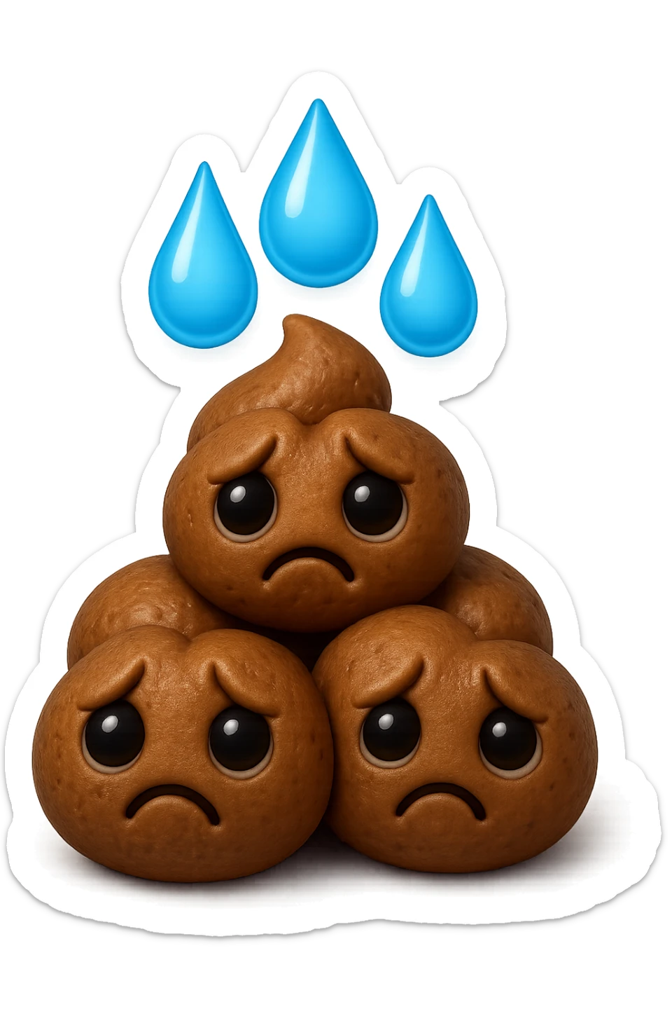emoji stile iphone di una montagnetta di feci umane realistiche a palline tristi con sopra un simbolo delle gocce di acqua, iperrealistico 4k sticker