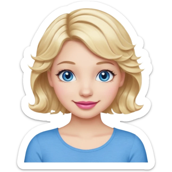 Girl Blonde short wavy hair,  blue eyes, cute blue top, long lashes, pink lips, smiling, 👍🏻 sticker