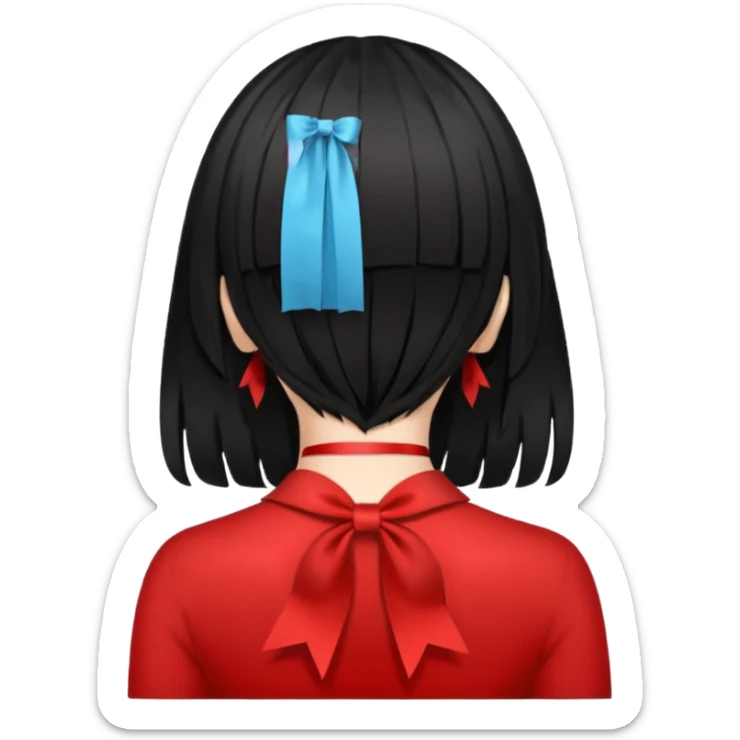 a girl back view that have a red ribbon in the middle of her hair the hair is black  sticker