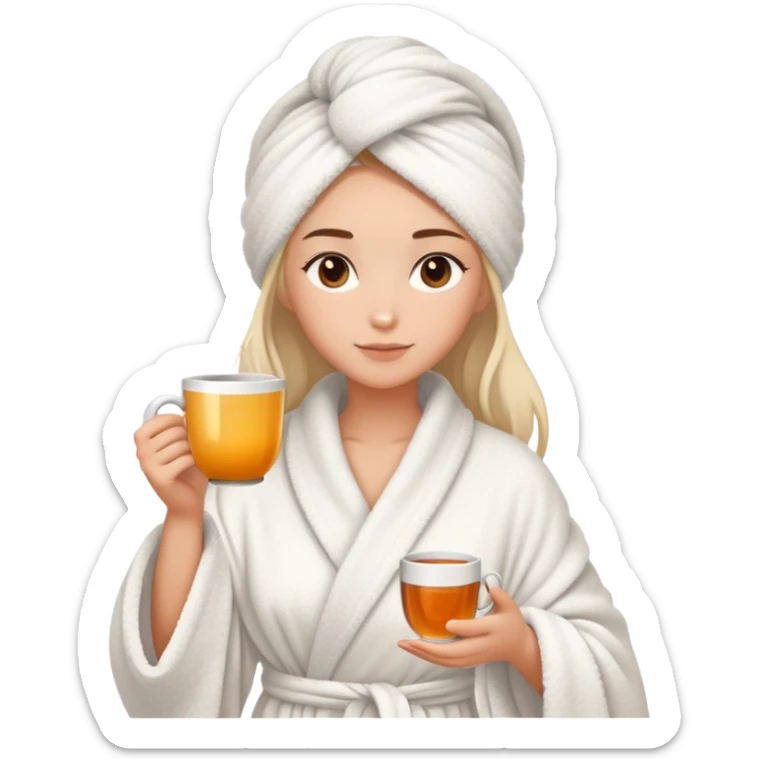 girl hair wrapped in towel wearing robe holding tea sticker