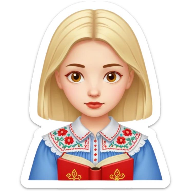 A Ukrainian girl in an embroidered shirt reads a red book sticker