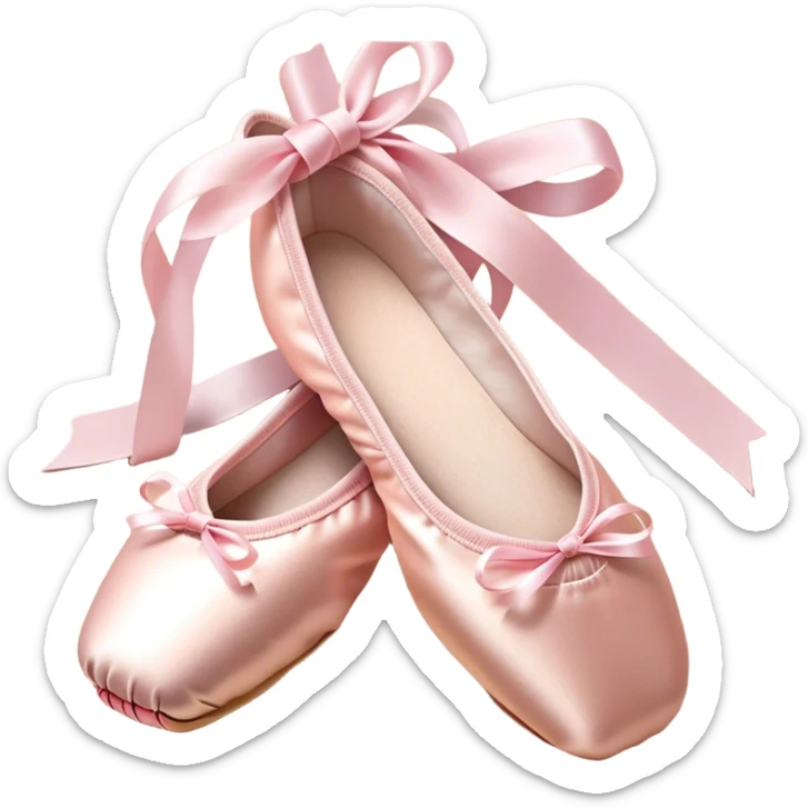 Cinematic Realistic Ballet Shoes, soft satin pink pointe shoes with delicate ribbons, resting gently on a polished wooden floor, subtle creases in the fabric, glowing under the warm golden light of a rehearsal studio, evoking elegance and grace. sticker
