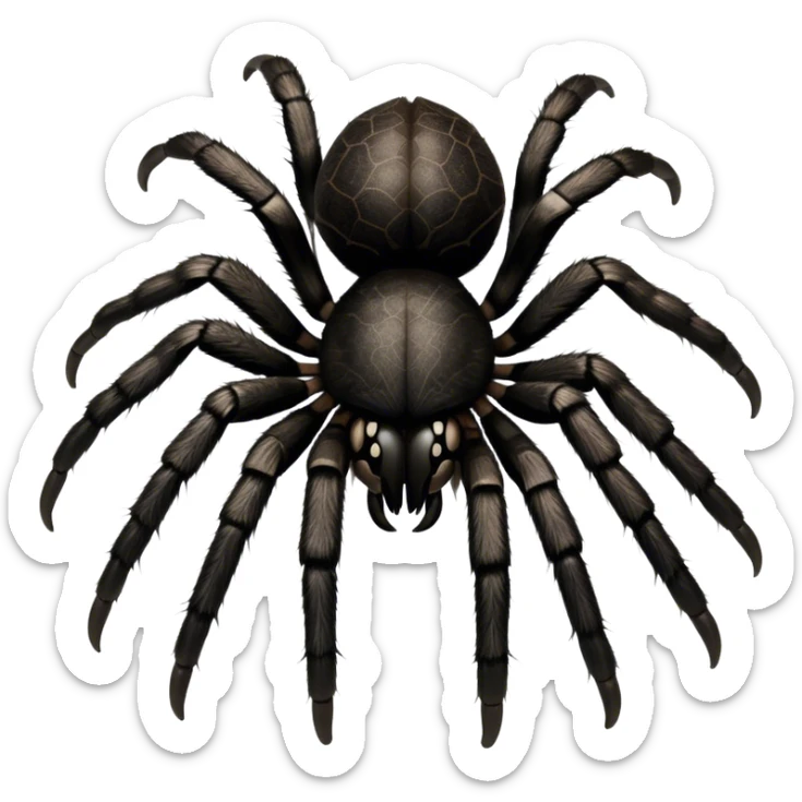 Close-up of a giant hairy black tarantula in its natural habitat, with intricate web details surrounding it. The spider's texture is highlighted, emphasizing its hairy legs and features. Soft background with natural elements like leaves or rocks. Transparent background. sticker