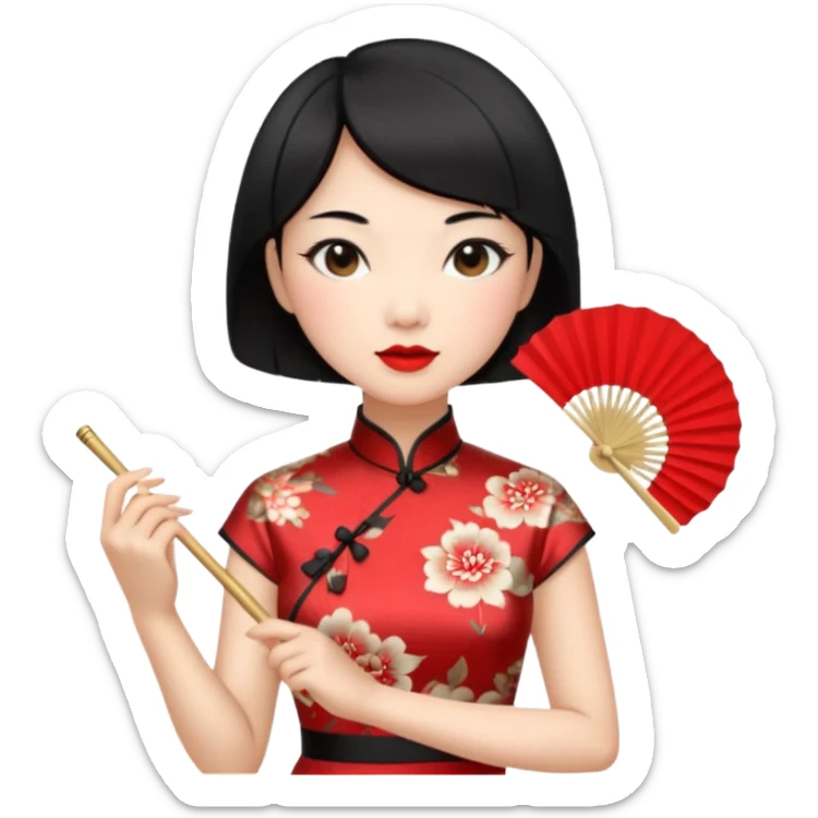 a chinese woman wearing a cheongsam holding a folding fan elegantly with fancy, red lipstick and short black hair sticker