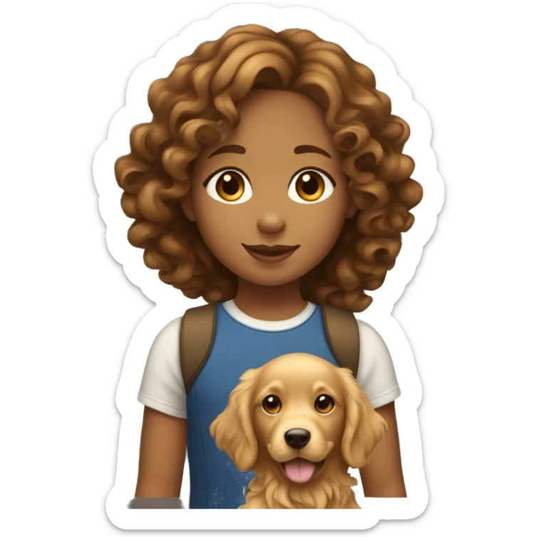 Tan skinned girl with  long brown curly hair with a golden retriever puppy sticker