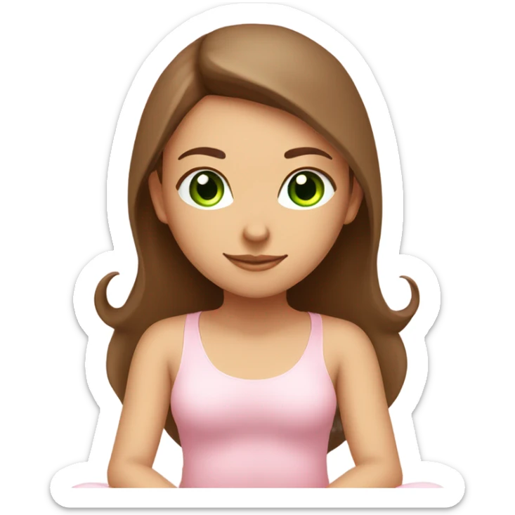 Brown long hair and green eyes yoga girl in light pink clothes sitting on a yoga mat sticker