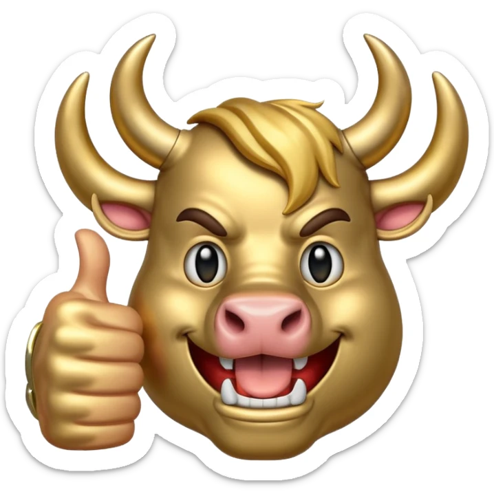 Emoji is an iron golden horseshoe with an angry powerful bull in the middle showing a thumbs up (Likes) sticker