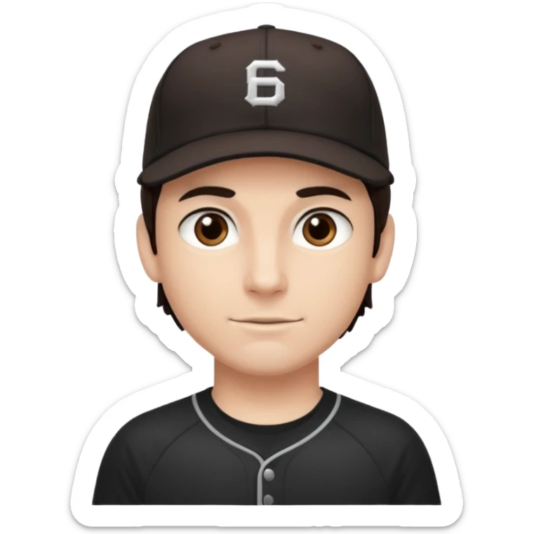 male, dark brown hair, dark brown eyes, fair skin, black baseball hat, dry fit tee sticker
