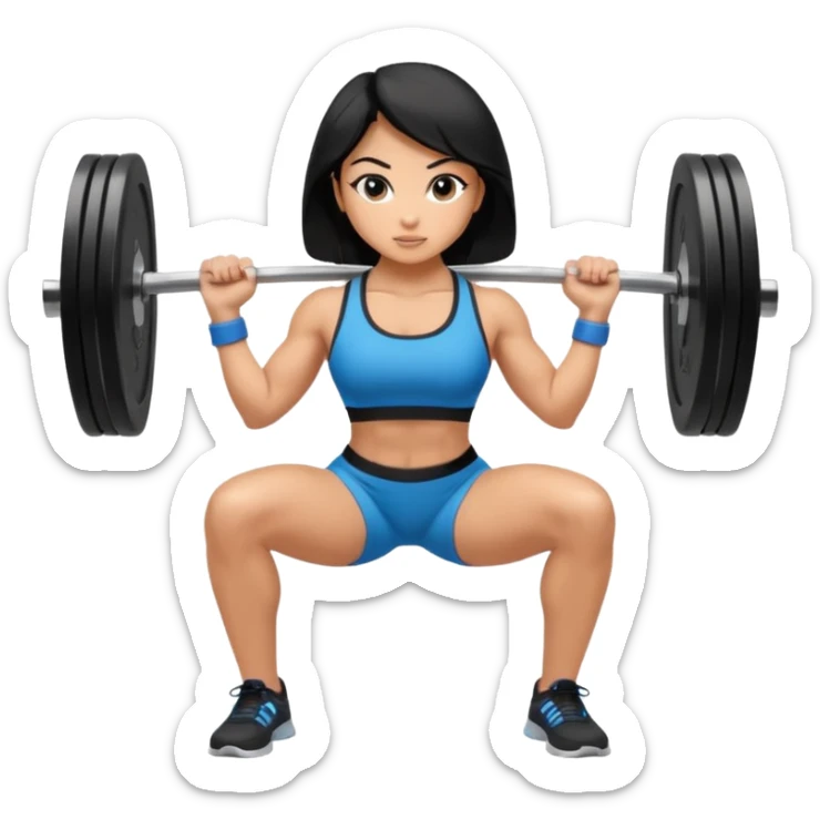 Fitness girl doing the squat with bar and weight, black hair sticker