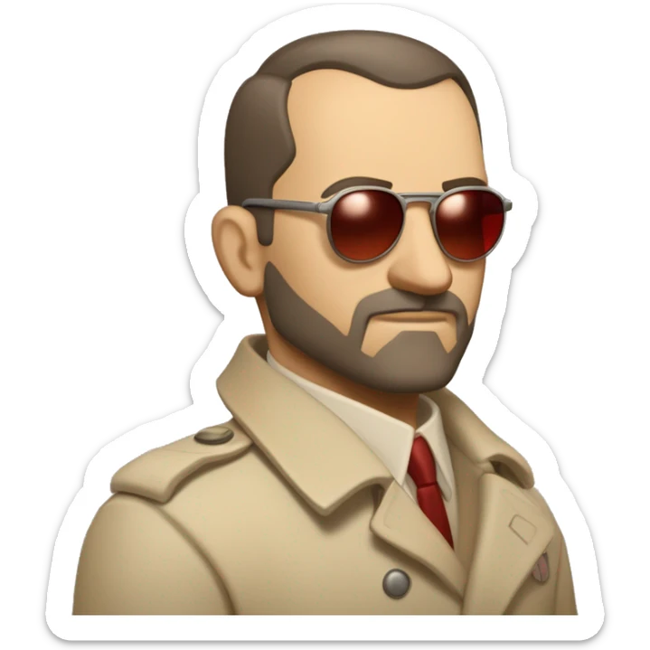 1930s investigator, a Caucasian man with short, buzz cut dark hair and a rough beard, wears tiny red-tinted sunglasses and a dirty beige trench lab coat. He has a serious demeanor. sticker