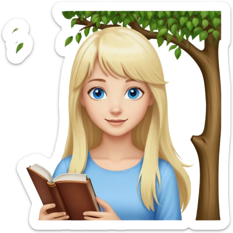 Woman on top of a tree, blue eyes, long blond hair, bangs in front, happy with a book. sticker