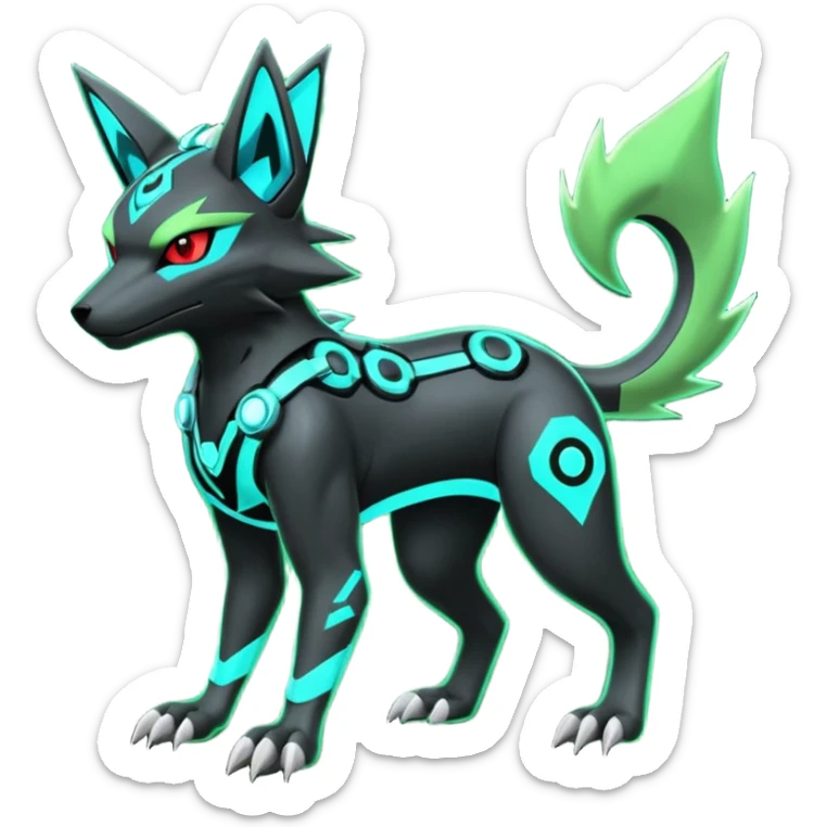 Black and green cyberpunk intricate neon glowing grey white futuristic cyborg-Zeraora-Zoroark-Umbreon-Litten-Salandit-fusion (full body) sticker