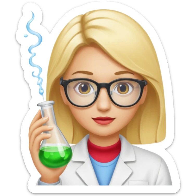 Eine hellblonde Chemikerin mit typischem Erlmeyerkoblben in der Hand und Chemiebrille auf sticker