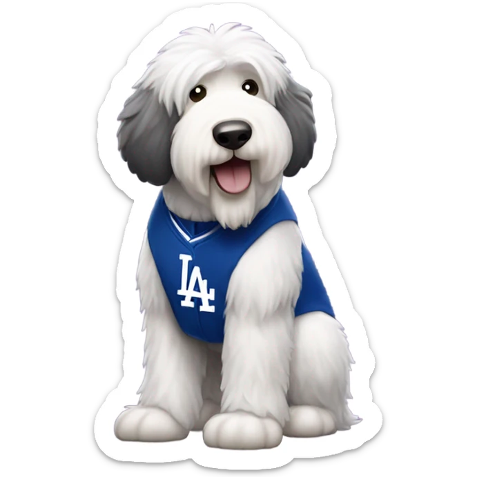 Old English Sheepdog full height wearing a Los Angeles dodgers shirt sticker