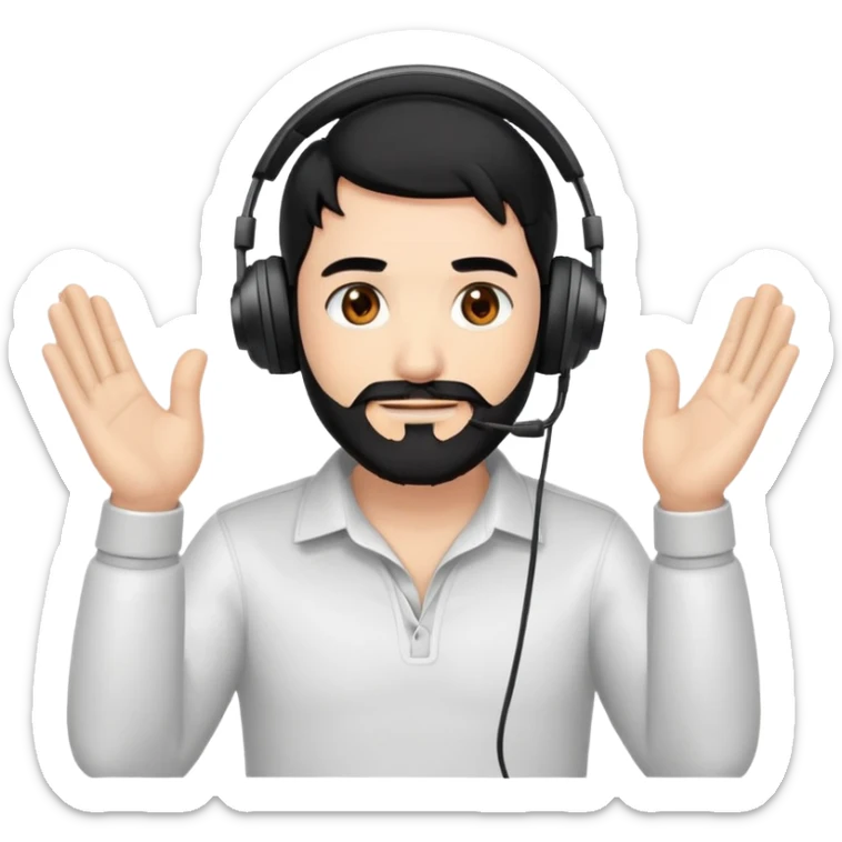 Man with black hair, brown eyes, and black beard wearing gaming headset and applauding sticker