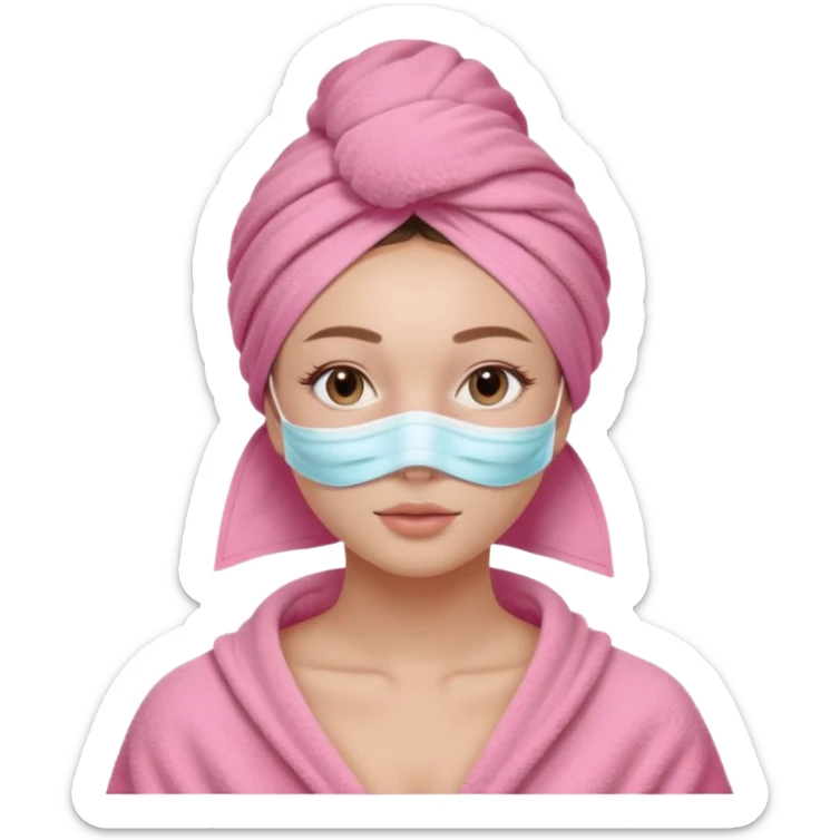 Clean girl influencer character, chest-up portrait, wearing a pink towel wrapped around the head,  skincare mask on her full face, relaxed confident expression, soft glow skin, minimal chic aesthetic, subtle beauty accessories, calm self-care vibe sticker