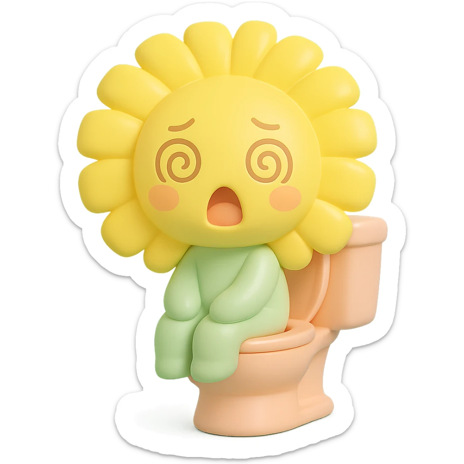 lemon yellow dandelion flower with a shocked face, sitting on a toilet with swirls in the eyes, soft colors, chibi expression sticker