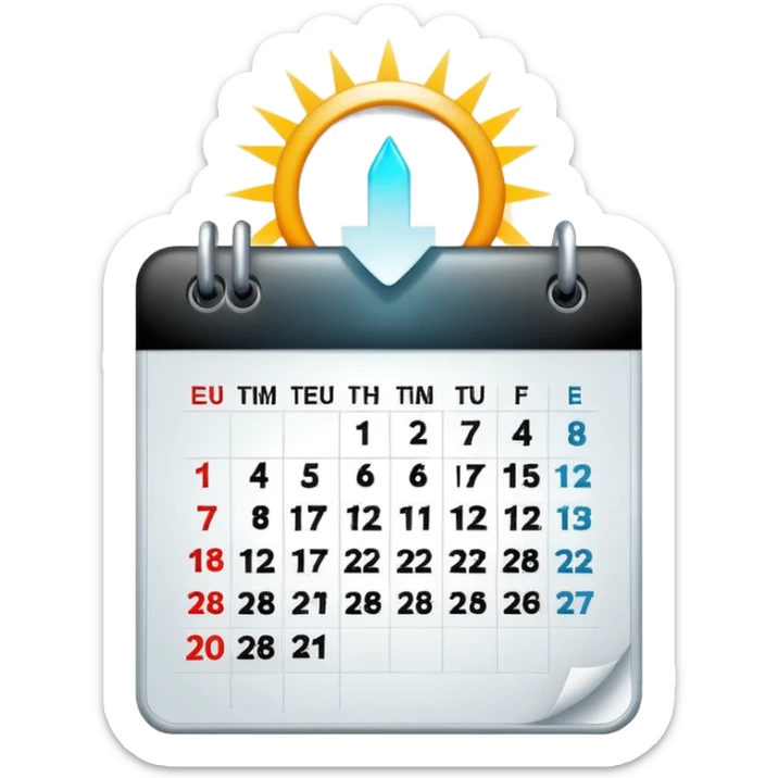 Minimalist emoji of a clean calendar page with a single bold tick and light radiating from behind it, symbolising recommitment and a fresh disciplined start. Flat vector style, transparent background sticker