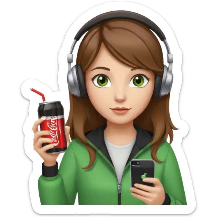 a girl with brown hair blonde ends green eyes phone in hand with diet coke and wearing headphones sticker