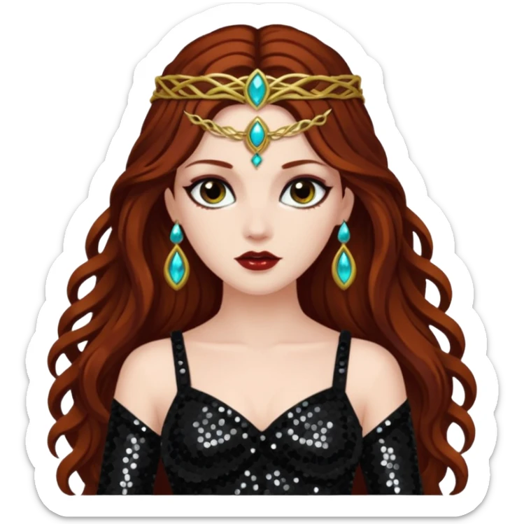 Persephone, Goddess of Death from Gods and Goddesses with long dark auburn hair, black sequin outfit sticker