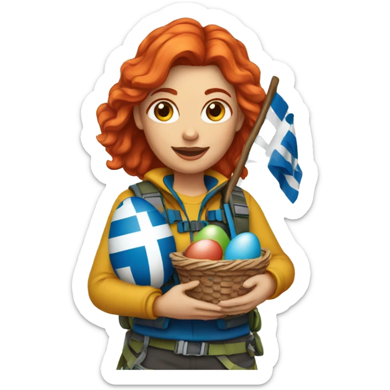 Female mountain climber red hair with Greek flag and holding Easter eggs basket sticker