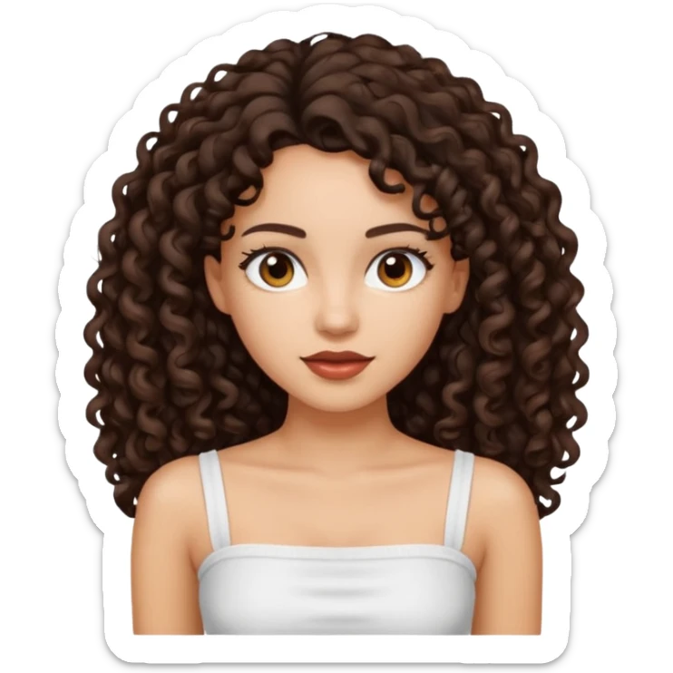 Woman with light skin and dark brown eyes and dark brown long curly hair and white tube top sticker