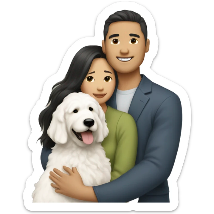 asian couple with straight hair hugging with a big white goldendoodle sticker